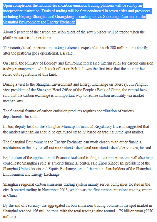 eisenreich's tweet photo. "Upon completion, the 🇨🇳 national-level carbon emission trading platform will be run by an independent institution. Trials of trading will be first conducted in seven cities and provinces, including Beijing, Shanghai, and Guangdong." 🤔

#Speculation #VeChain $VET #VeFam #NewOil https://t.co/chtJEgHGPb