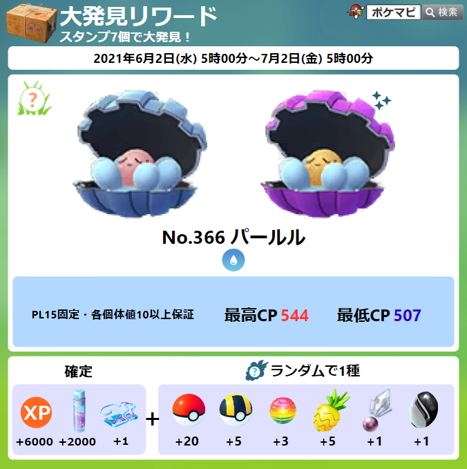 توییتر ポケモンgo攻略情報 ポケマピ در توییتر 大発見のリワードが切り替わっています 21 6 2 水 朝5時 大発見リワードポケモン パールル 大発見追加ボーナス リモートレイドパス 1 Xp2倍 3000xp 6000xp パッチールは 5番 大発見