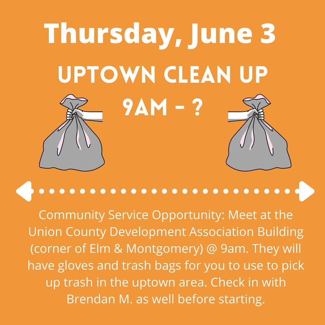🚨Community Service Alert🚨
Help clean up the Uptown Area on Thursday at 9am. Service done this summer will count toward service needed to attend in person conferences in 2021-2022. Those that participate, make sure to check in with Brendan M. when you get there! #service