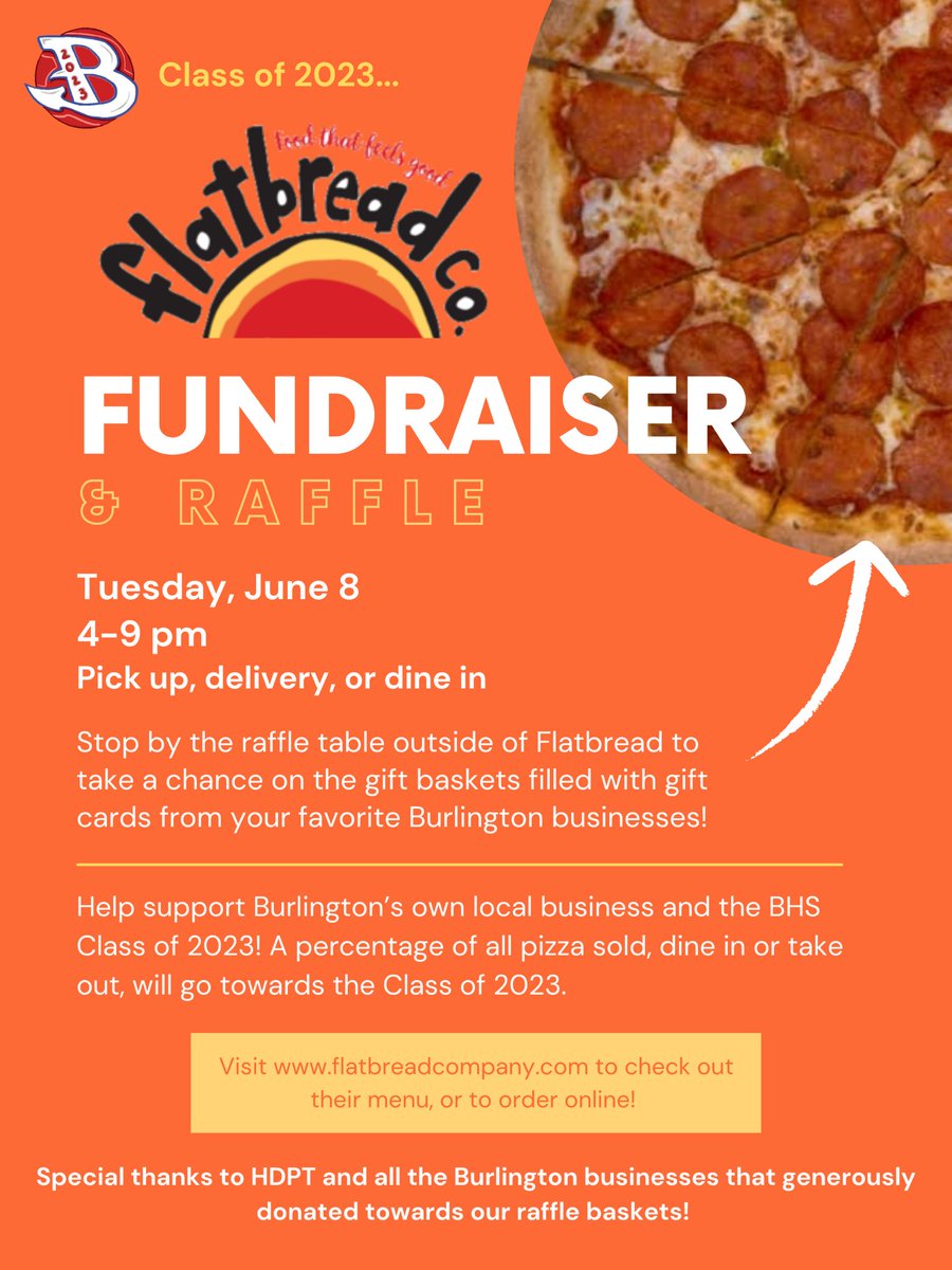 Exciting news! The Class of 2023 is having a Flatbread Fundraiser and Raffle on Tuesday, June 8th from 4-9 pm. Enjoy great pizza and take a chance on some amazing gift baskets to help support the Class of 2023 &amp; Flatbread! Stay tuned for pictures of gift baskets coming soon.
