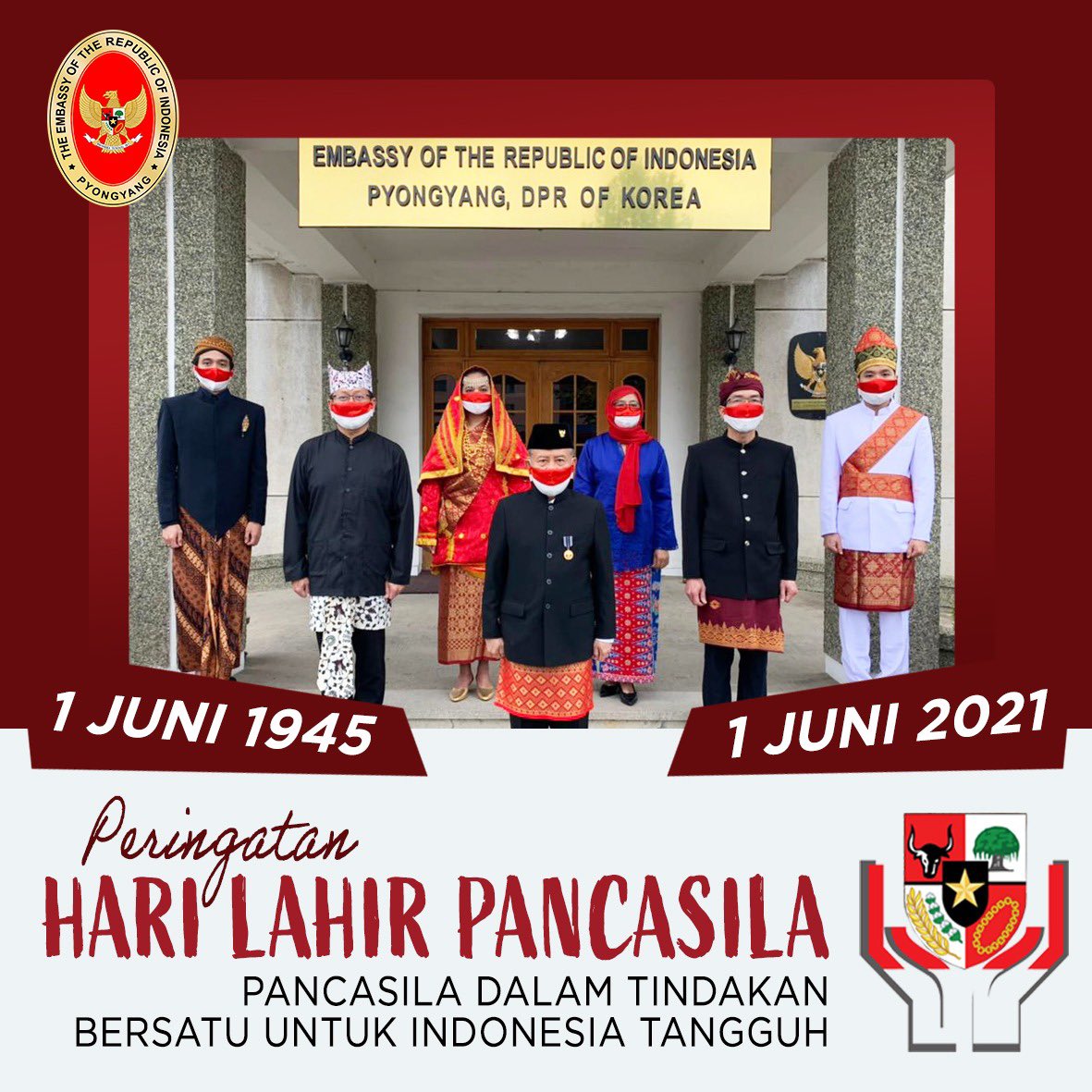 INAinPyongyang's tweet photo. Pancasila adl falsafah hidup asli warisan bangsa yang telah teruji mampu mempersatukan NKRI yg memiliki suku bangsa, budaya &amp; agama yg sangat beragam. Selamat memperingati Hari Lahir Pancasila 1 Juni 2021 #Pancasila #BhinnekaTunggalIka #NKRIHargaMati #KBRIPyongyang https://t.co/7om15rdv9v