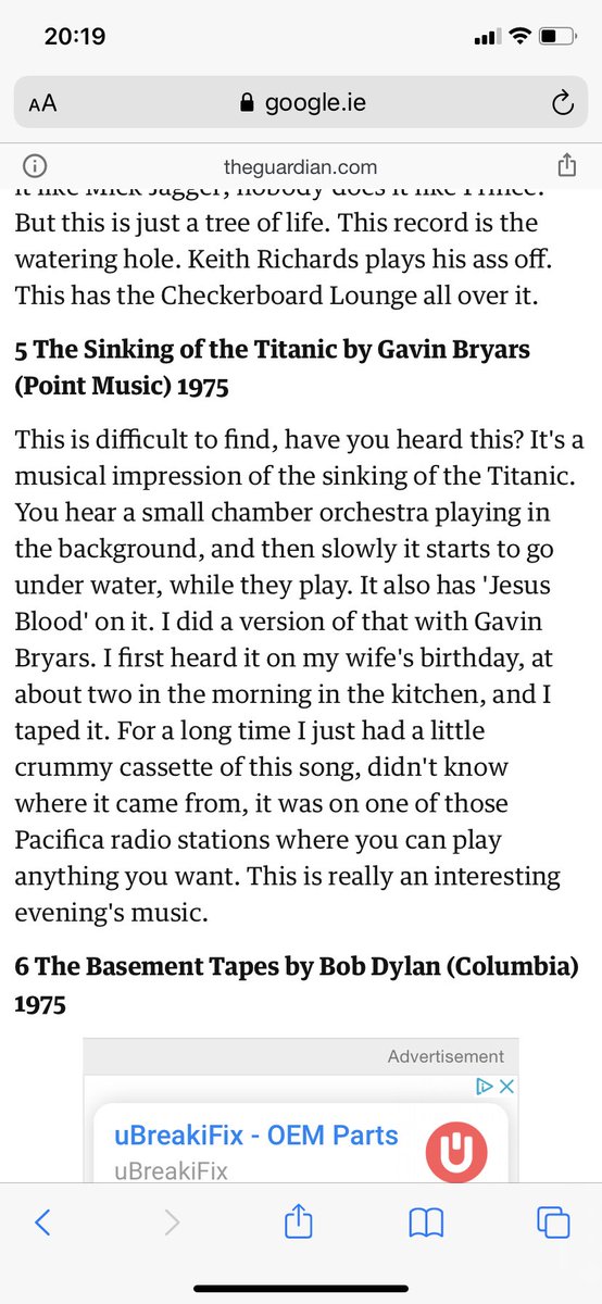An orchestral album about the sinking of the Titanic with ‘Nearer My God to Thee’ on a loop for an hour. Achingly beautiful, haunting &amp; evocative. ￼A musical meditation, really. This Gavin Bryars is one seriously interesting dude en.m.wikipedia.org/wiki/Gavin_Bry…
