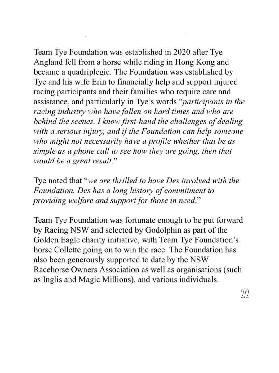TeamTyeFdn's tweet photo. The TTF feel very fortunate to announce that Mr. Des O’Keeffe has joined the TTF Team

Des’ role will include providing welfare, support &amp; guidance on behalf of the TTF to injured &amp; ill racing participants. 

The TTF look forward to working along side Des in providing assistance. https://t.co/ijqEGI4QuE