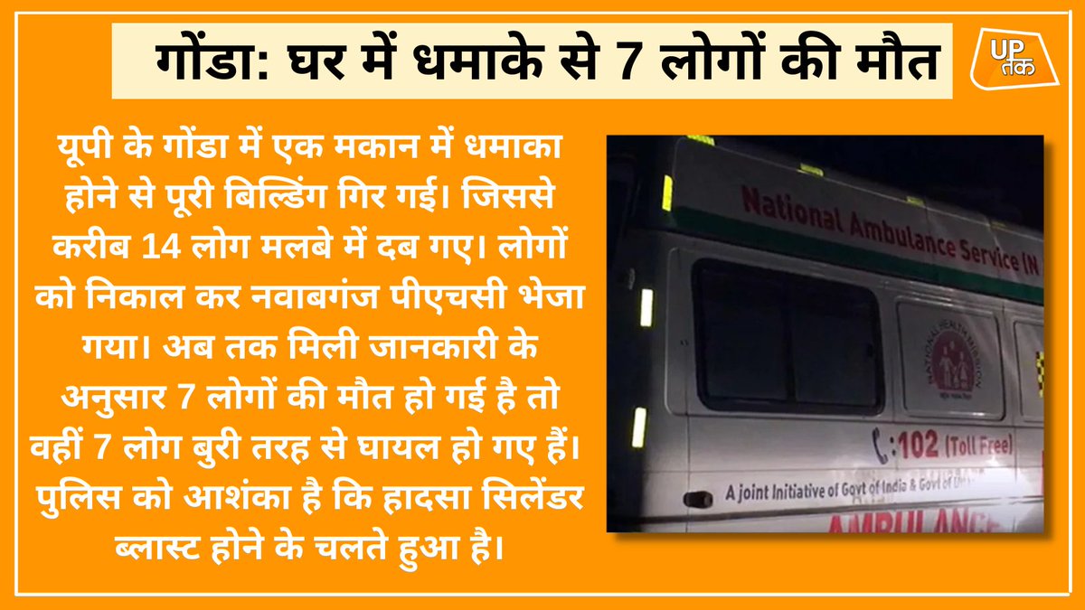 UPTakOfficial's tweet photo. यूपी के गोंडा में एक दर्दनाक हादसा हुआ है जहां एक घर में ब्लास्ट होने से 7 लोगों की मौत हो गई और वहीं 7 लोग गंभीर रूप से घायल हो गए। हादसे में 2 पुरुष, दो महिला और 3 बच्चों की मौत की खबर है, बचाव कार्य जारी है।
#UttarPradesh #UPPolice #Blast https://t.co/zLjXp5m6Us