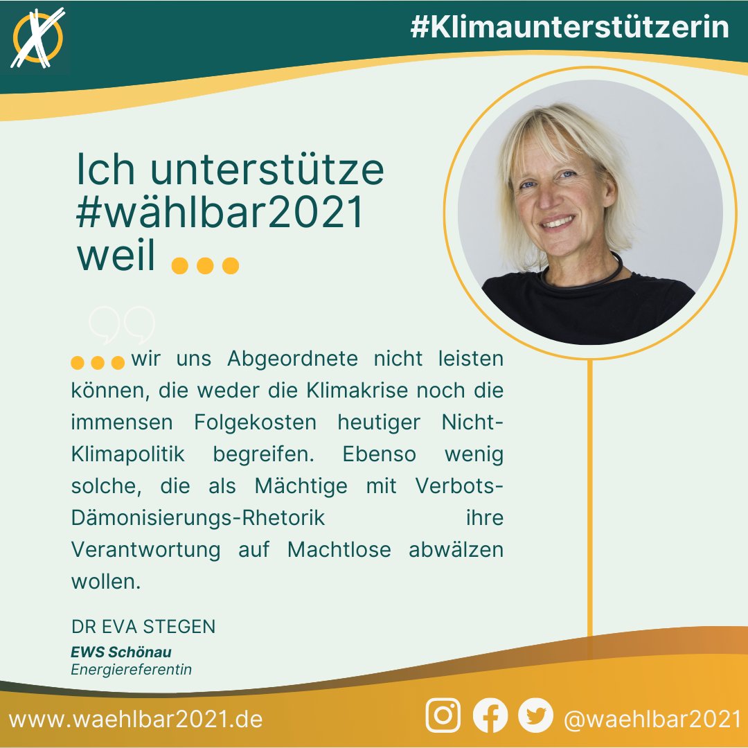 Wir können uns keine Abgeordnete leisten, die #Klimakrise &amp; #Folgekosten der Nicht-#Klimapolitik nicht erkennen würden, meint #Klimaunterstützerin <a href="/EvaStegen/">Dr. Eva Stegen @EvaStegen@bsky.social</a> der <a href="/EWS_Schoenau/">Elektrizitätswerke Schönau EWS</a>. Stimmt!

Deshalb ab 15.06. auf #wählbar2021 überprüfen, ob es Ihre #BTW21-Kandidat*innen begreifen.