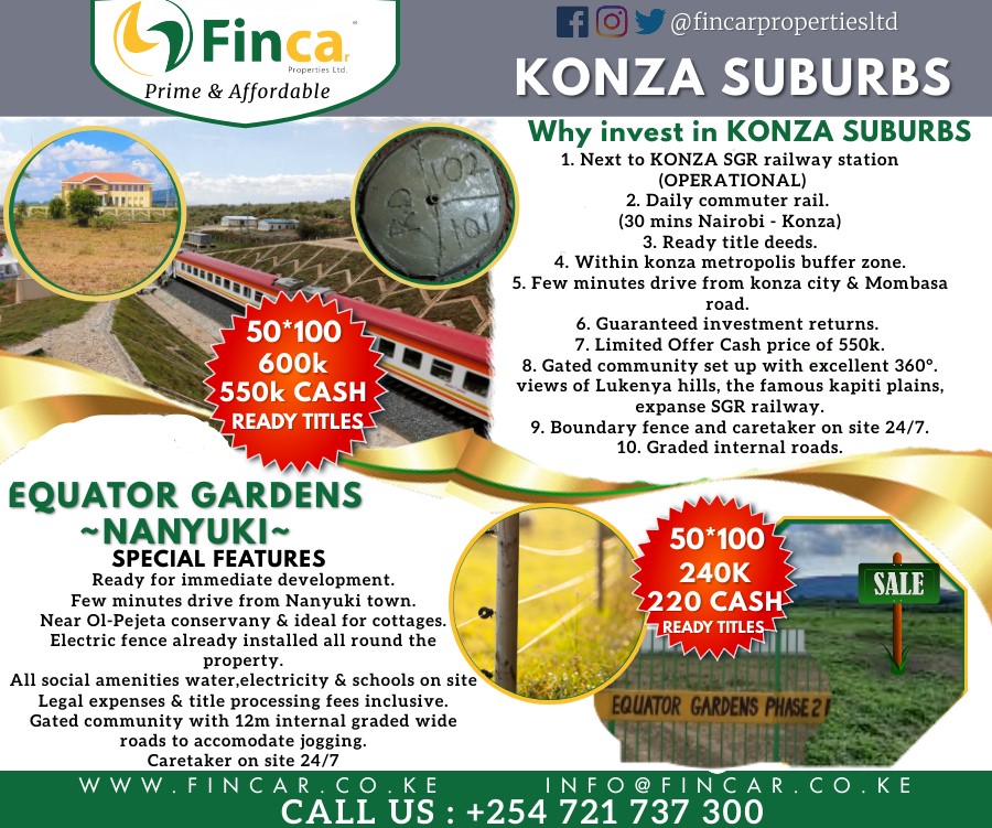 citizentvkenya's tweet photo. #AD
Opportunity knocks once. Here is a chance for you to own prime land in Konza Surbubs and Nanyuki at affordable prices. Call @FincarLtd for more details https://t.co/y5hVO8P8kk