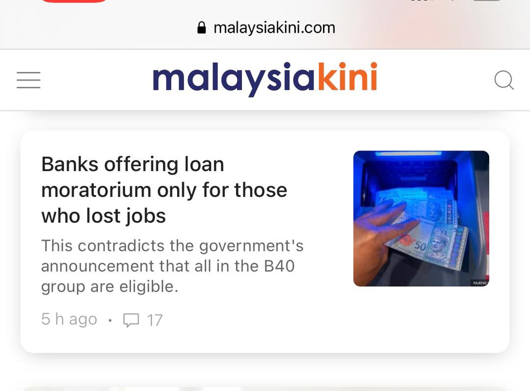 tzafrul_aziz's tweet photo. TQ @malaysiakini atas pembetulan artikel yg mengatakan moratorium hanya ditawarkan kpd mereka yg hilang pekerjaan, &amp; tidak melibatkan golongan B40. 

Saya harap pihak media dpt mengesahkan fakta sebelum menerbitkan artikel selaras dgn amalan pelaporan berita yg bertanggungjawab. https://t.co/WjwiMVrLWU