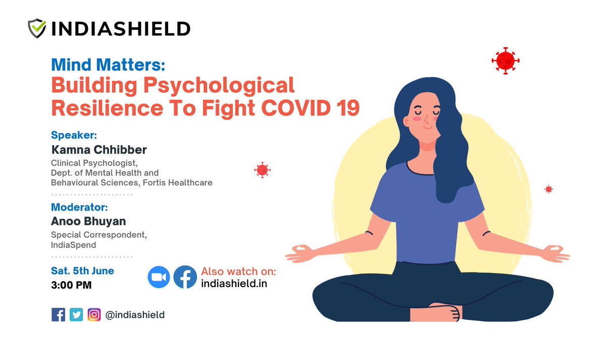 #MindMatters: Building psychological resilience to fight #COVID19

Kamna Chhibber (Head - Department of Mental Health and Behavioural Sciences, Fortis Healthcare) in conversation with Anoo Bhuyan (IndiaSpend)

When: 3 PM IST | Sat 5th June 2021

Signup: bit.ly/3g3cbJm