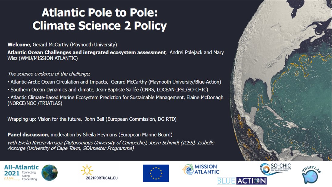 Looking forward to speaking at the Atlantic Pole to Pole: Climate Science2Policy side event to @AllAtlantic2021 at 13:30-15:00 CEST today. Great speakers including @bellser48, @AndreiPolejack, @MaryWisz, @jb_sallee, Elaine McDonagh & panel discussion chaired by @sheilaheymans