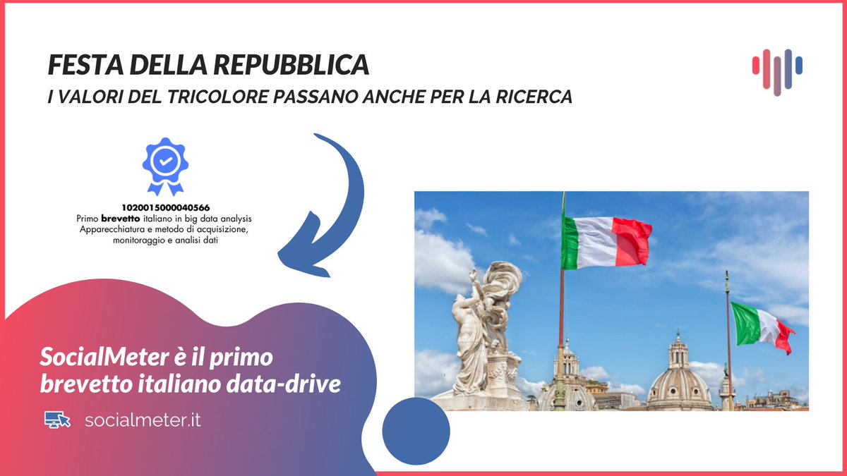 In alto il tricolore, della ricerca 🇮🇹🔬, e buona #FestaDellaRepubblica! 
Lo sapevate che siamo il primo #brevetto italiano in big data analysis?

#socialmeter #bigdata #datadriven