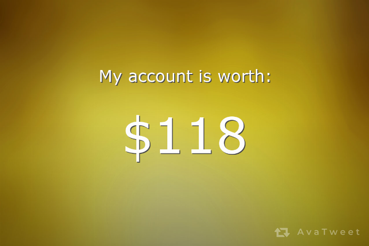 TheBuffBoi's tweet photo. My Twitter account is worth $118 dollars. Check how much yours is worth at https://t.co/wxBGqk14rE #AvaTweet #TwitterWorth https://t.co/uhFvhxpQ6R
