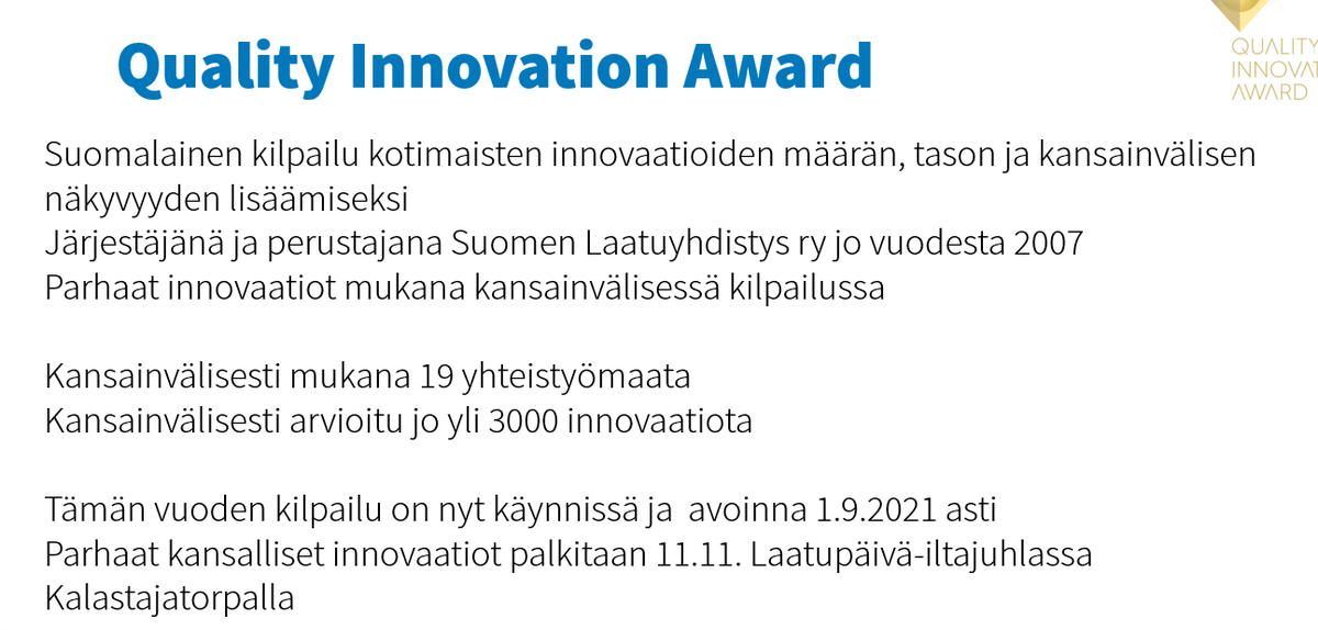 ExcellenceFi's tweet photo. Laatuyhdistys vetää kansainvälistä innovaatiokilpailua Quality Innovation Awardia, joka on parhaillaan käynnissä. Parhaat innovaatiot palkitaan 11.11. Laatupäivässä.
#innovaatiot #laatu #excellencelive https://t.co/oo34AiYhxy