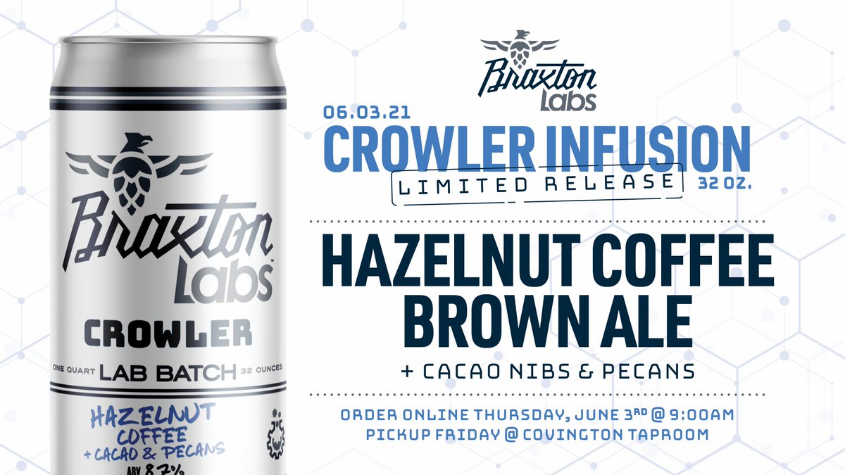 Hazelnut Coffee Brown Ale with cacao nibs and pecans is dropping Thursday! Meet us here at 9am to snag this week's Crowler infusion!