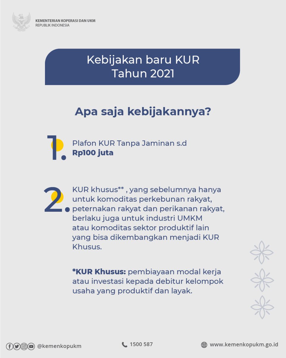 kemenkop_'s tweet photo. Berdasarkan hal ini, pemerintah melalui Komite Kebijakan Pembiayaan bagi UMKM menambah subsidi bunga KUR dan mengubah kebijakan pelaksanaan KUR seperti yang tertera pada grafis di atas.
#UMKMBangkit
#KoperasiKeren
#IndonesiaMaju
#DepSME https://t.co/shFnceH3bF