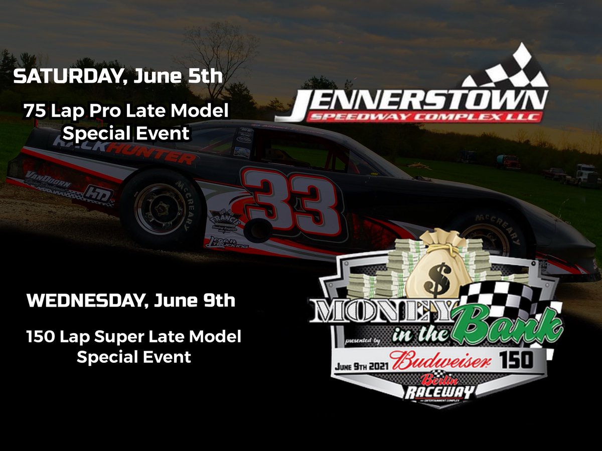 The next 7 days we have a huge amount of racing to do! 

75 laps in the familiar deer stand over at <a href="/jtownspeedway/">Jennerstown Speedway Complex LLC</a> on Saturday 
&amp; 
150 Laps for our first trip to <a href="/BerlinRaceway/">Berlin Raceway</a> for the #MoneyInTheBank150 

Couldn’t be more excited! 

Let’s go #TrophyHunting Boys and Girls!