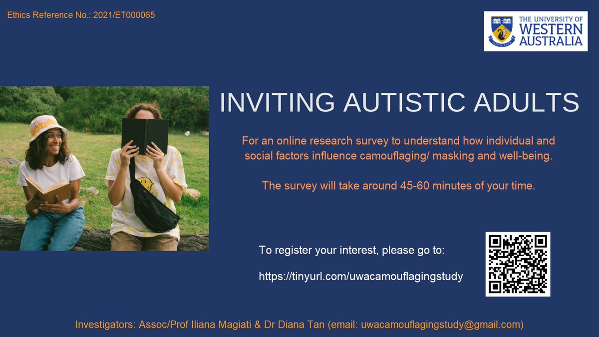 IMagiati's tweet photo. We are inviting autistic adults living in Australia (18+years) to participate in an online research study on camouflaging/ masking and the psychological and social experiences that may affect one’s camouflaging and well-being. Reimbursement upon survey completion. Please RT! https://t.co/SqQCgGNEF4