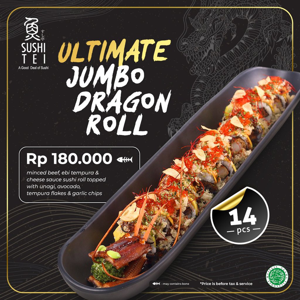 Something BIG is COMING! 
✨Ultimate Jumbo Dragon Roll✨
The ultimate definition of sushi pleasure🥳 14 Pcs of satisfying bites!

Available at Sushi Tei Jabodetabek &amp; Semarang🤩

Share this news to your sushi partner!