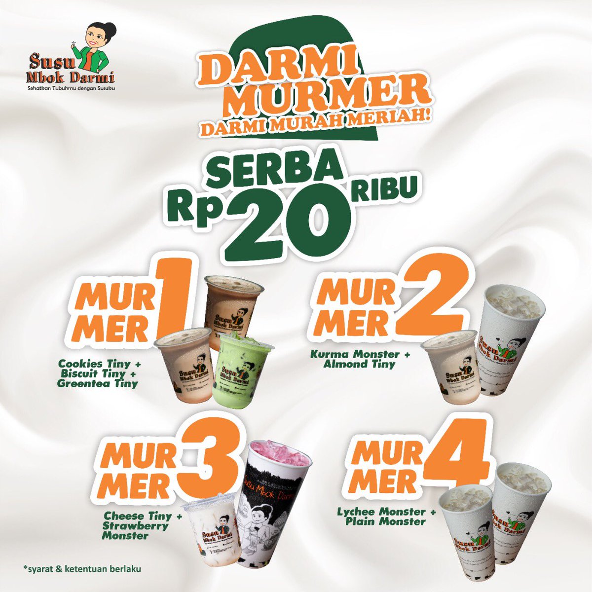 Bulan ini susu mbok darmi kasih promo Darmi Murmer serba Rp 20 ribu full selama 1 bulan dari tanggal 1 sampai tanggal 30 untuk Cucu kesayangan si Mbok. Yuk tunggu apa lagi segera kunjungi di Lt.1, lebih hemat, enak banyak!
.
Sehatkan Tubuhmu Dengan Susuku😘