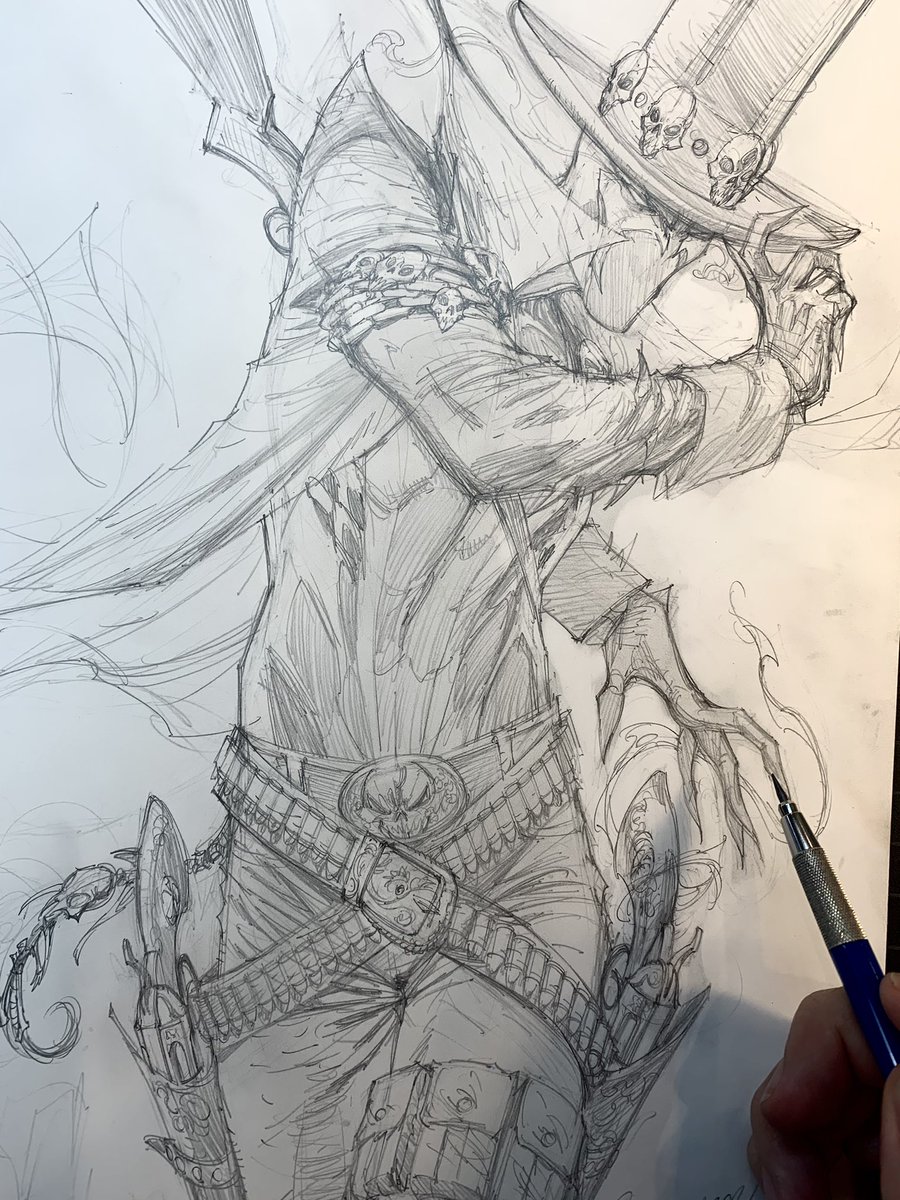 🔥💀 Some close up process pics of one of my upcoming covers to @Todd_McFarlane `s SPAWN's UNIVERSE #1, out later this month. Pencils & inks to the Gunslinger!