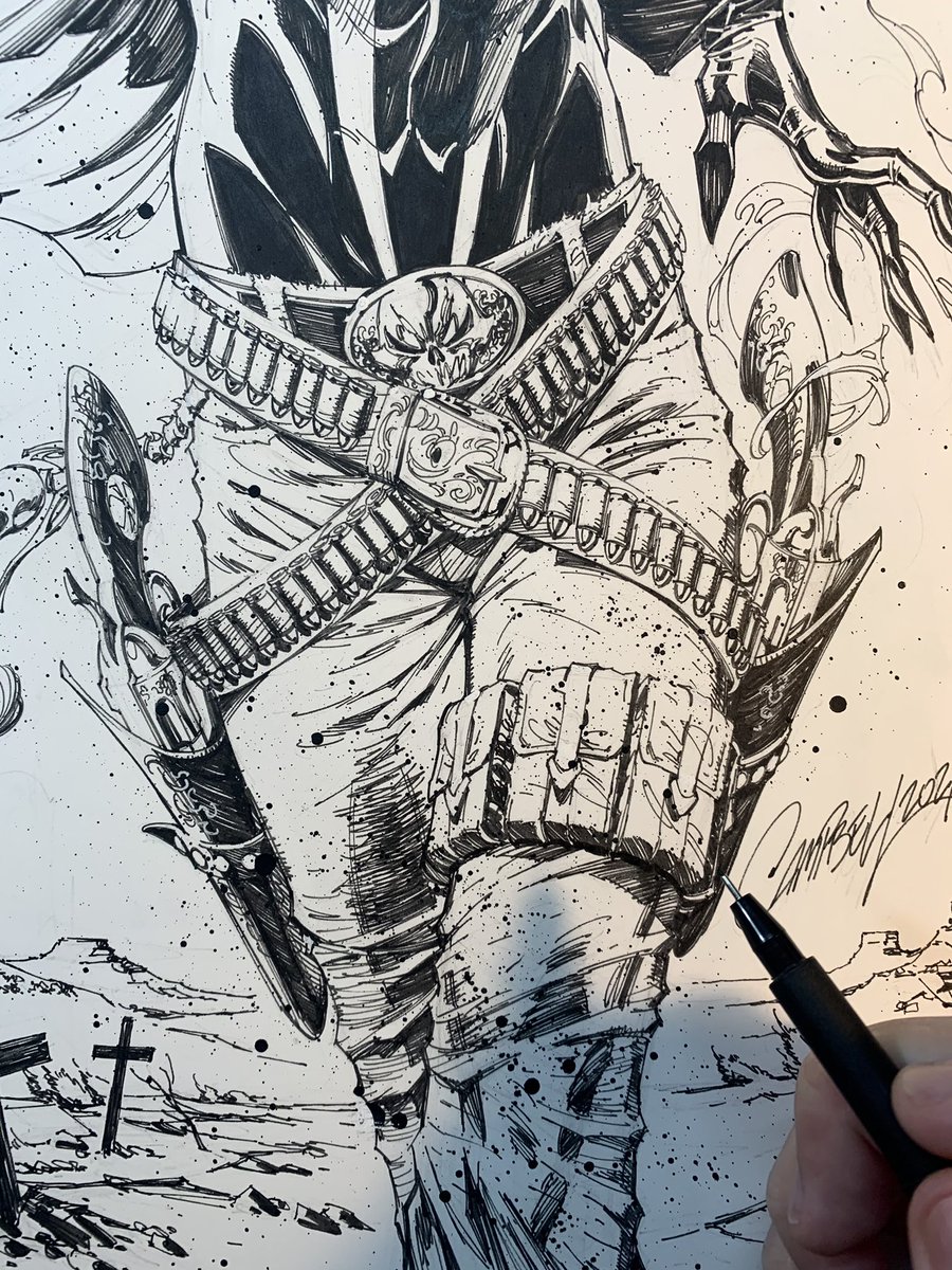 🔥💀 Some close up process pics of one of my upcoming covers to @Todd_McFarlane `s SPAWN's UNIVERSE #1, out later this month. Pencils & inks to the Gunslinger!