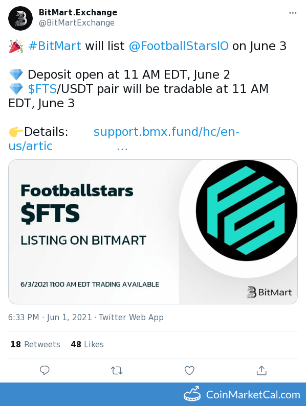 cmcal_bot's tweet photo. 🆕 New FootballStars $FTS event! 
 
03 June 2021 
BitMart Listing  
 
Source: https://t.co/8BRhq5oXXI https://t.co/94XpTFNMCd