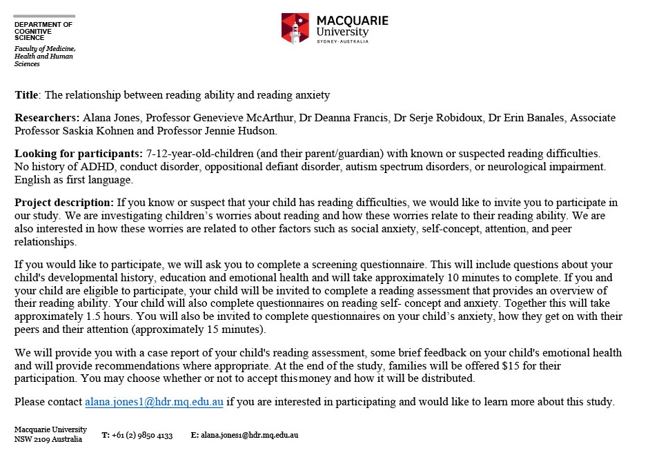 MQCR student <a href="/missalanajones/">Alana Jones</a> is looking for participants for her study on the relationship between reading and anxiety - more information below.