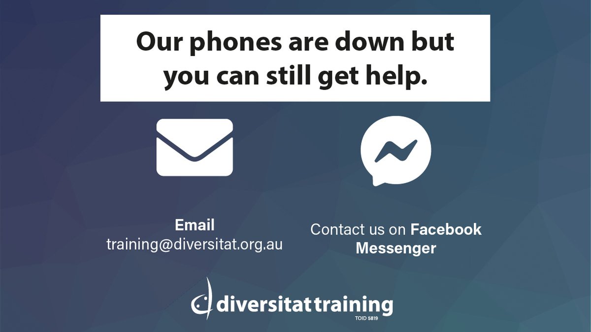 Our phones are currently down but our team are still here to answer all your questions – from information on upcoming courses and enrolments to the support our students during this time. Please email training@diversitat.org.au or message our Facebook page.