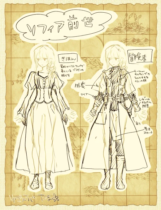 漫画版「貧乏令嬢の勘違い聖女伝」1巻おととい発売されております!よろしくおねがいしますます

こちらは薄幸の令嬢・前世ソフィアちゃんの漫画用お召し物デザインメモです。
冒険者の服は、どういう装備だったら動きやすいかな?アイテム使いやすいかな?とか思いながらかんがえました 