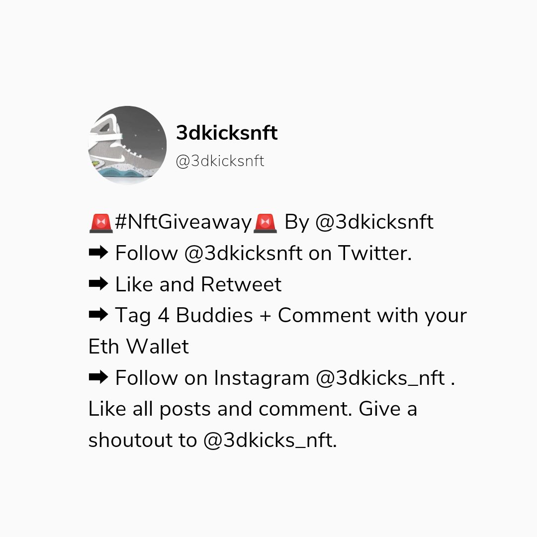 3dkicksnft's tweet photo. 🚨#NftGiveaway 🚨 By @3dkicksnft
Ends on 16th June,2021

#NFT #NFTartists #nftcollectors #nfts #nftcollector #NFTCommunity #NFTartist #cryptoart #cryptoartist #digitalart #NFTartists #opensea #nftart #NFTcollectibles #NFTGiveaway #cryptotrading #cryptopunks https://t.co/fBstgleQOV