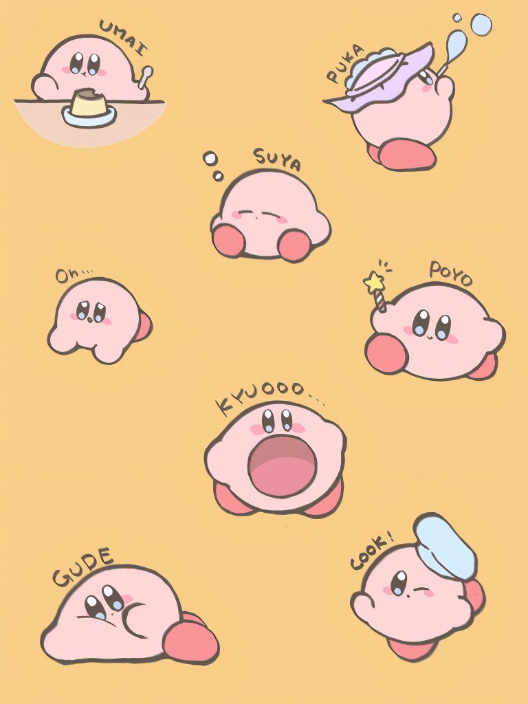 kirby no humans food hat pudding simple background yellow background one eye closed  illustration images