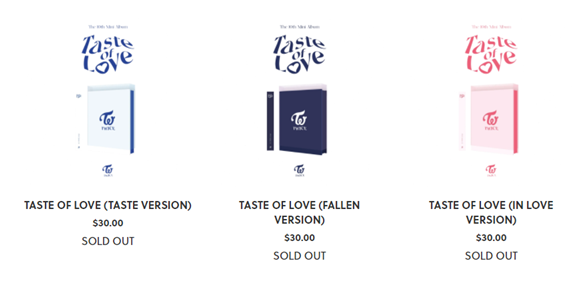 billboard_twice's tweet photo. Hello @jypnation @RepublicRecords 
"Taste of Love" Pre-orders (all ver) are sold out on TWICE shop, also both Fallen and In Love version are sold out too on Target. We still have 9 days left of pre-order, please restock now. 🙏🙏🙏 

#Taste_of_Love #TWICE @JYPETWICE https://t.co/BdNblBHagV