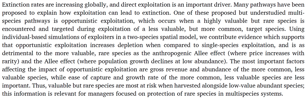 Rare valuable species have higher extinction risk when exploited alongside common less valuable species. New simulation study provides proof of this, and explores scenarios exacerbating this mechanism, by <a href="/Thurner_S/">Stephanie Thurner</a> <a href="/conversesj/">Sarah Converse</a> and myself
sciencedirect.com/science/articl…