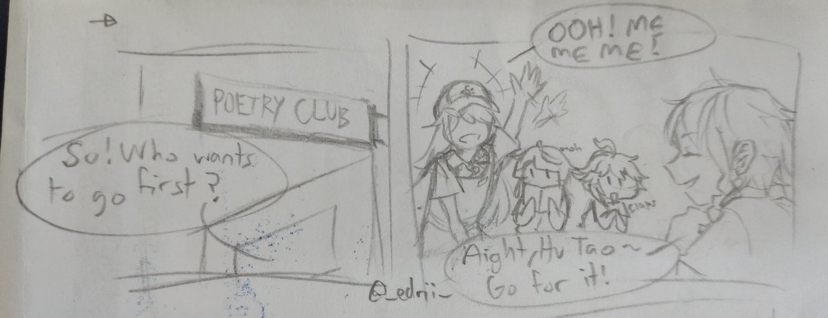 (Repost because some things were bugging me)
[[Highschool AU]]
A friend said I would have my own poetry club if Hu Tao and Kazuha joined my team too. Waiting for them qwq

#GenshinImpact #原神 #venti #hutao #Xingqiu #kazuha 
((I'm not good at poetry and drawing girls sorry)) 