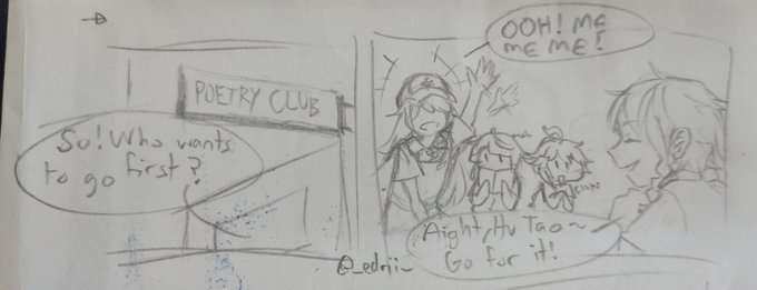 (Repost because some things were bugging me)
[[Highschool AU]]
A friend said I would have my own poetry club if Hu Tao and Kazuha joined my team too. Waiting for them qwq

#GenshinImpact #原神 #venti #hutao #Xingqiu #kazuha 
((I'm not good at poetry and drawing girls sorry)) 