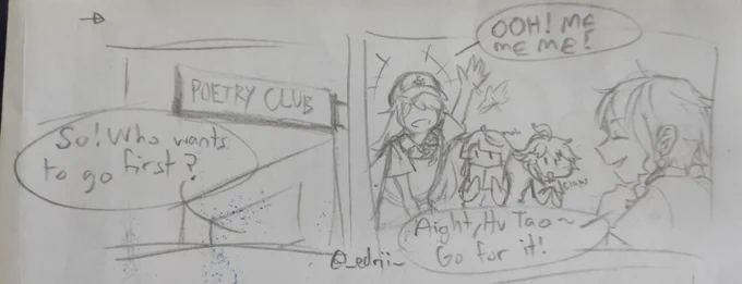 (Repost because some things were bugging me)
[[Highschool AU]]
A friend said I would have my own poetry club if Hu Tao and Kazuha joined my team too. Waiting for them qwq

#GenshinImpact #原神 #venti #hutao #Xingqiu #kazuha 
((I'm not good at poetry and drawing girls sorry)) 
