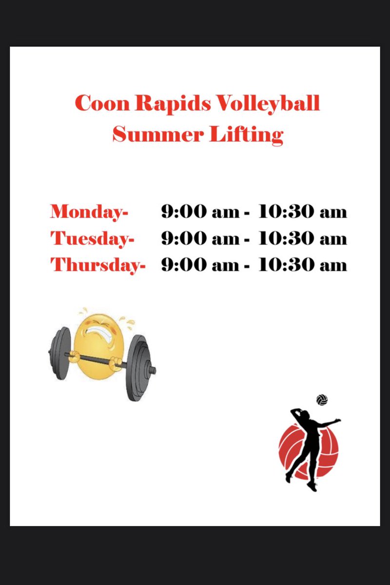 Who’s ready for summer lifting?? Sign up here!! Starts June 15th!

coonrapidsvball.sportngin.com/register/form/…