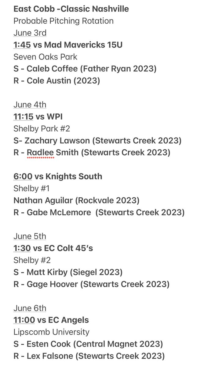 Excited to head to the diamond this weekend <a href="/Official_ECB/">East Cobb Baseball</a> Nashville Classic. Probable Starters and Relievers are listed in the image. @PBR_Uncommitted <a href="/ColtonProvey/">Colton Provey</a> <a href="/UNCOMMITTEDBSB/">Baseball Uncommitted</a> @PBRTennessee <a href="/PG_Tennessee/">Perfect Game Tennessee</a> <a href="/HaHOutlawsBB/">Hit after Hit Outlaws</a> #2023
