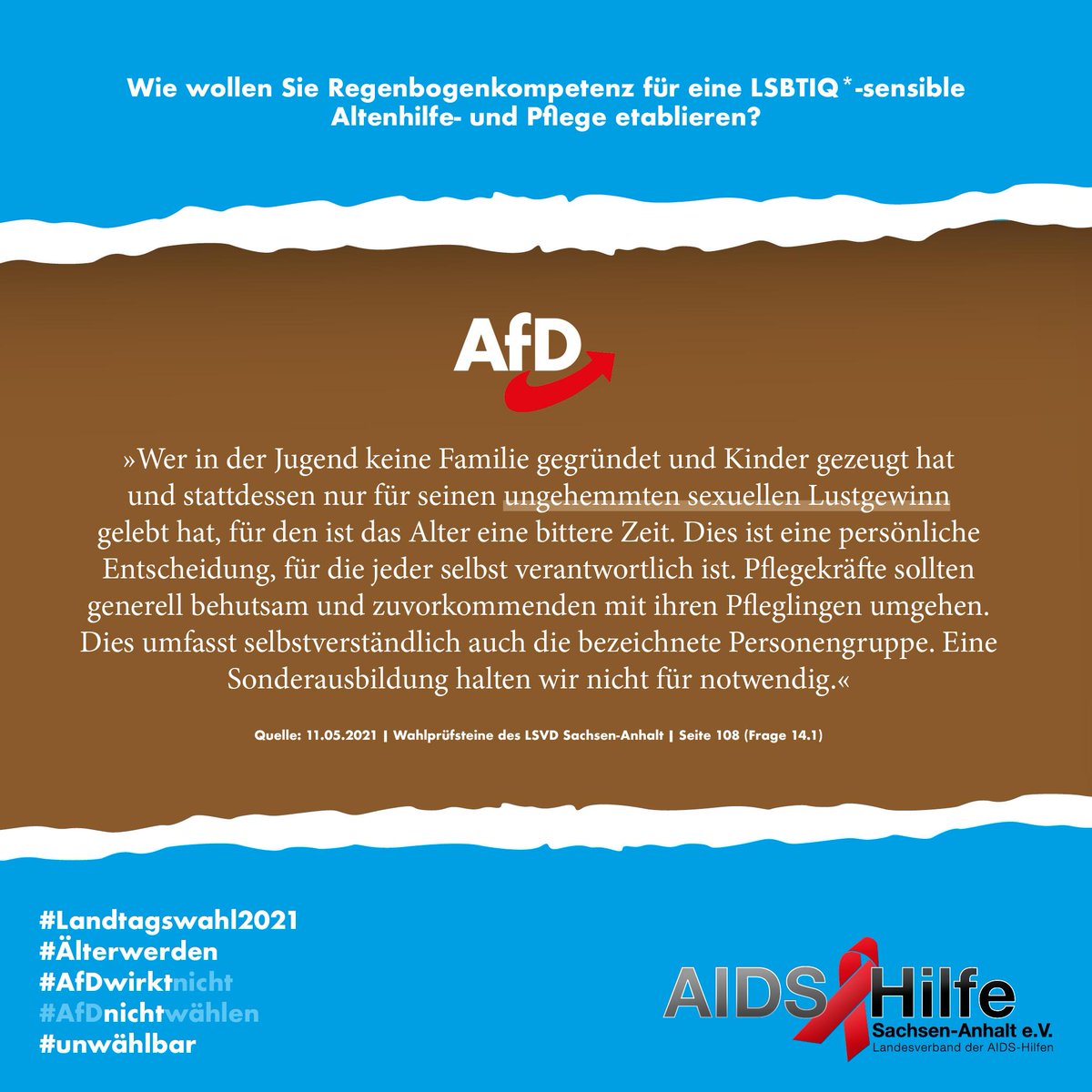 AidsHilfe_ST's tweet photo. Niemand kann entscheiden welche sexuelle Orientierung er hat. Darüber hinaus gehen LSBTIQ* arbeiten, zahlen Steuern u. Sozialbeiträge, leisten einen enormen Beitrag für die Gesellschaft u. haben ein Anrecht auf ein diskriminierungsfreies Leben, dass d. AfD ihnen verwehren möchte. https://t.co/DTKKbC7R59