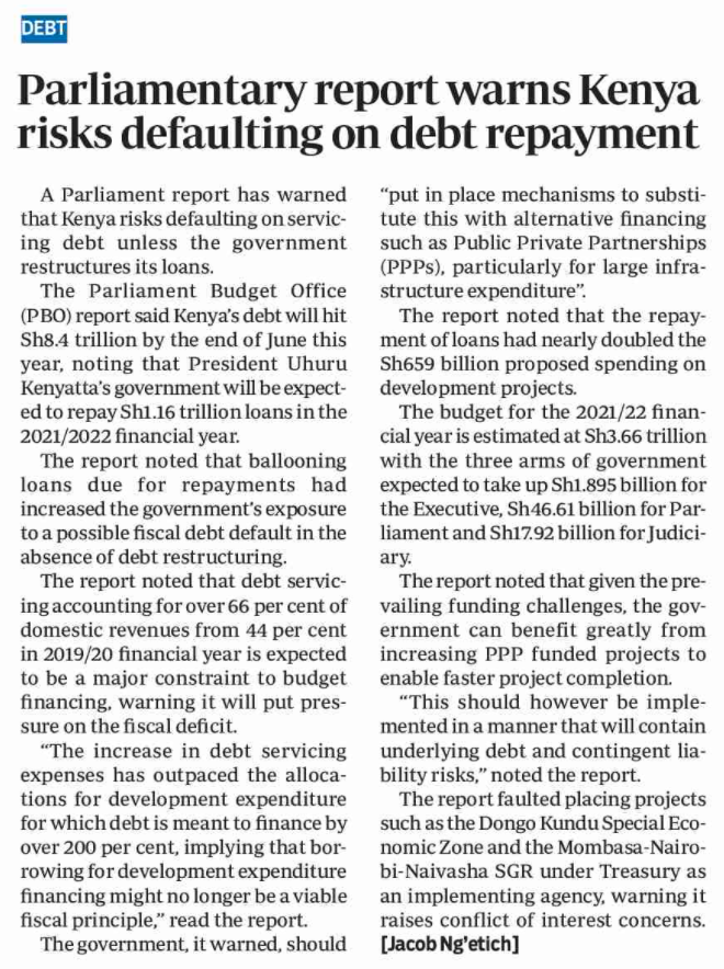 MzalendoWatch's tweet photo. A Parliament report has warned that Kenya risks defaulting on servicing debt unless the government restructures its loans. 

via/The Standard https://t.co/6KPlgB8dT0