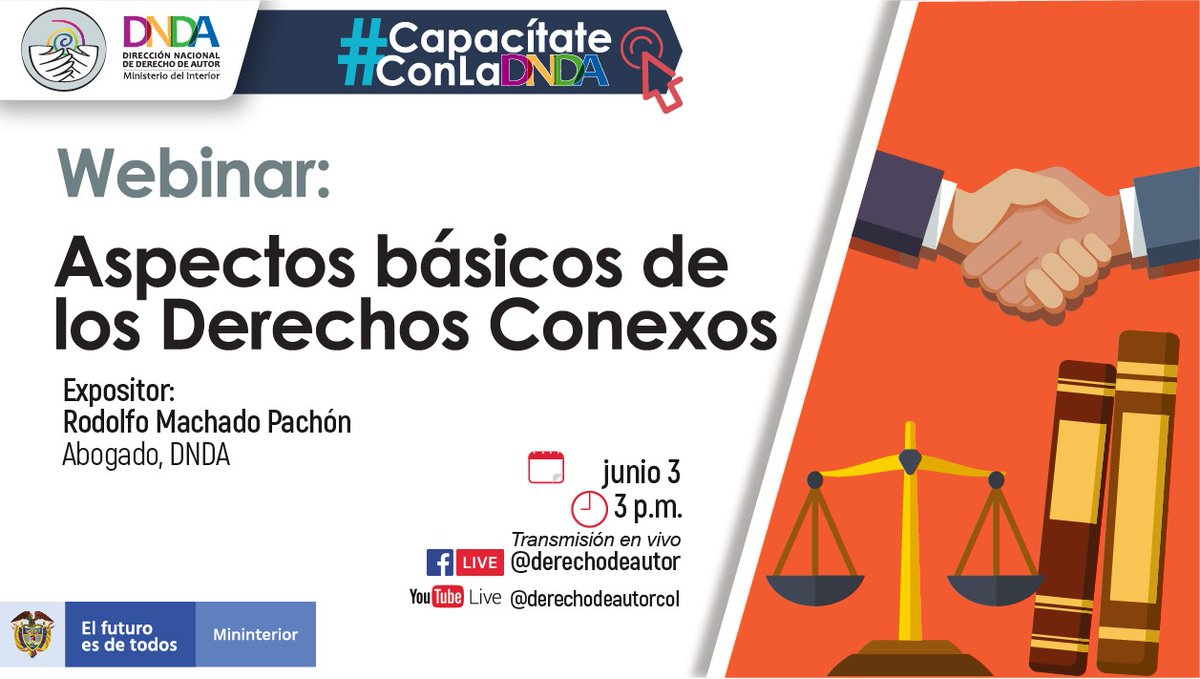 Inicia este mes de junio participando de la #CharlaVirtual: Aspectos básicos de los #DerechosConexos, a través de:

📅3 de junio
⏰3:00 p.m.
🧭YouTube: <a href="/derechodeautor/">Dirección Nacional de Derecho de Autor de Colombia</a>col
🧭Facebook: @derechodeautor

 📱Inscríbete aquí: tinyurl.com/ajf99nyy

#CapacítateConLaDNDA