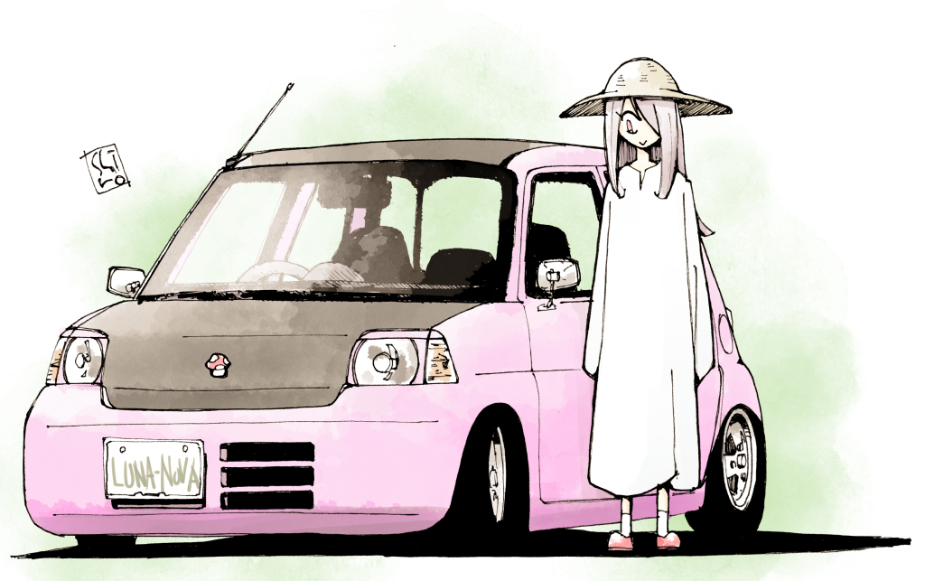 sucy manbavaran 1girl motor vehicle ground vehicle car hat vehicle focus long hair  illustration images