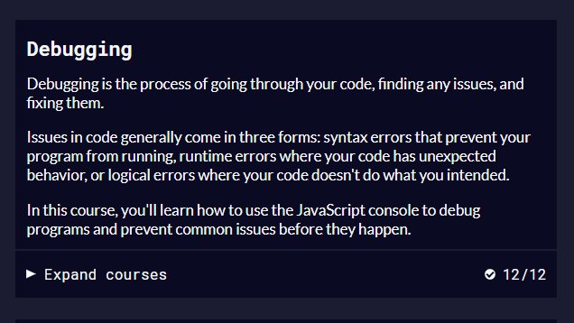 4. Time to return to freeCodeCamp. Finish the following sections:1. Debugging2. Basic Data Structure