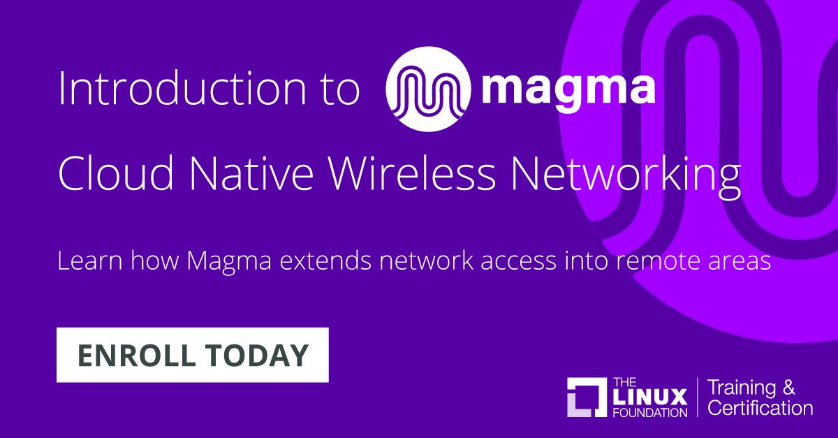 Linux_Education's tweet photo. The new, free online course, "Introduction to Magma: #CloudNative Wireless Networking", explores how to use @MagmaCommunity to bring high speed internet access to remote areas. Learn more: https://t.co/lDGSXgoqWm #learnlinux #magmacore #networking #5G #LTE #WiFi https://t.co/QcPQjZSdoF