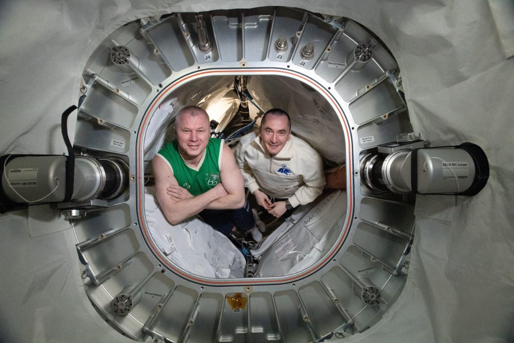 Roscosmos cosmonauts and Expedition 65 Flight Engineers (from left) Oleg Novitskiy and Pyotr Dubrov are pictured inside BEAM, the Bigelow Expandable Activity Module.