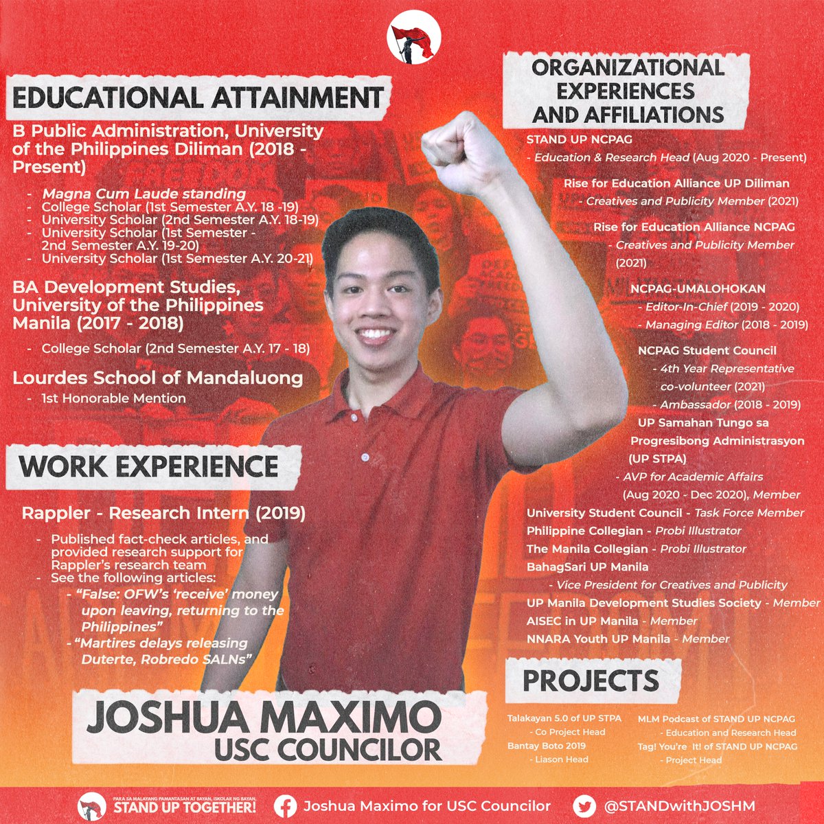 STANDwithJOSHM's tweet photo. Mas kilalanin pa natin ang ating sususnod na USC Councilor at tingnan kung ano na ang kaniyang mga nagawa bilang lider-estudyante at mamamahayag lingkod-bayan at paano siya makakapagbigay ng #MAXIMOmCHANGE sa susunod na konseho!

#DefendPressFreedom
#StandUpTogether
#DefendUP https://t.co/j5sbEN96vc