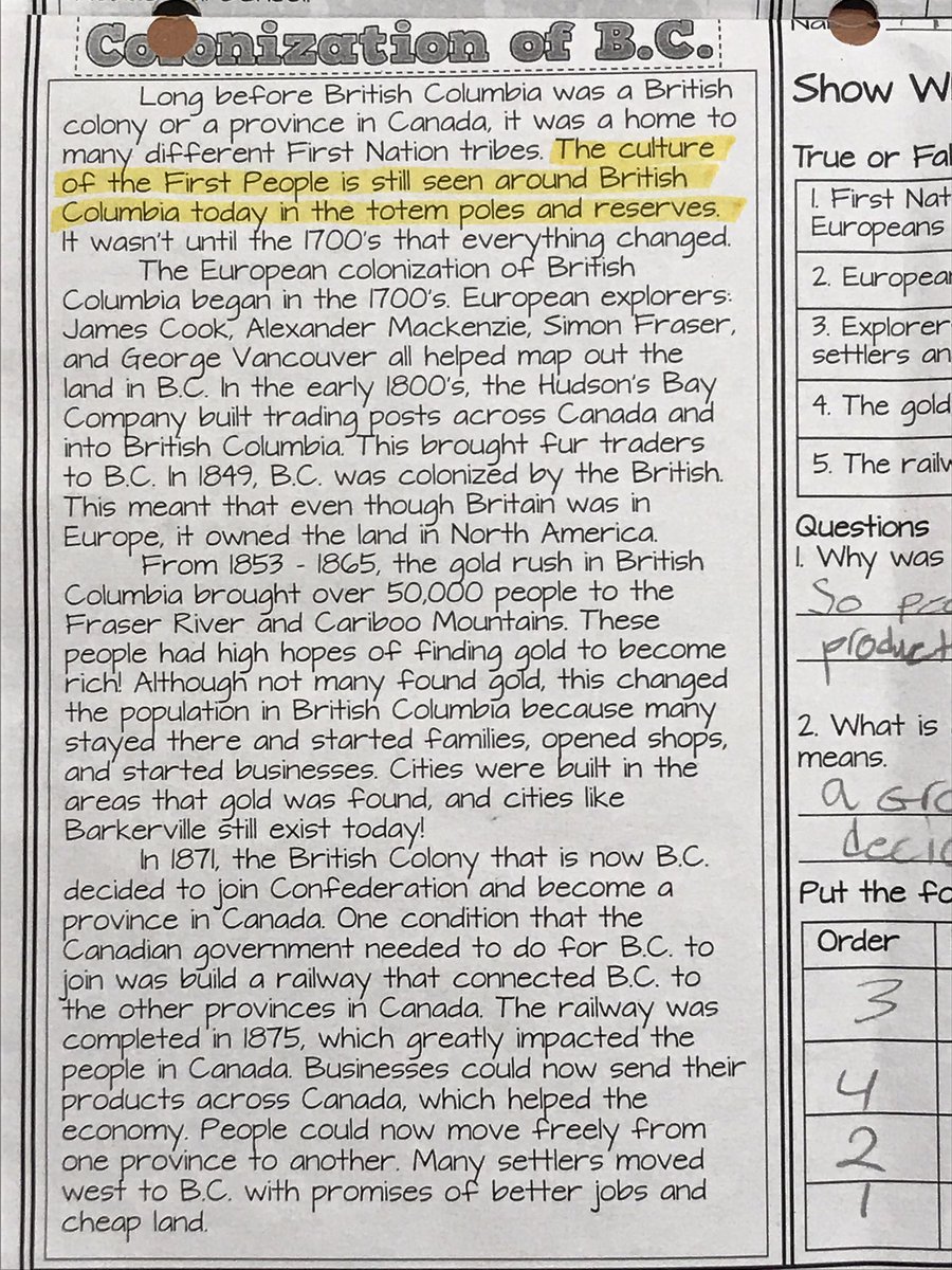 KennethWTupper's tweet photo. Horrified to see what’s being taught in my kid’s Gr. 3 classroom about #Indigenous peoples and #colonialism: “motivated...to improve their quality of life”? - and their “culture...still seen around BC today”? (what about the people themselves? and the impacts of colonialism?) https://t.co/j6O86BPpva
