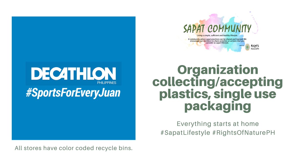rightsofnaturep's tweet photo. Give the gift of second chance through waste! Decathlon has teamed up with The Plaf to help recycle your dry plastic wastes. You may drop your dry plastic wastes at any Decathlon Stores! 
All stores have color coded recycle bins.
https://t.co/bvUOqAWtJH 

#RightsOfNaturePH https://t.co/ETYiHqMXyb