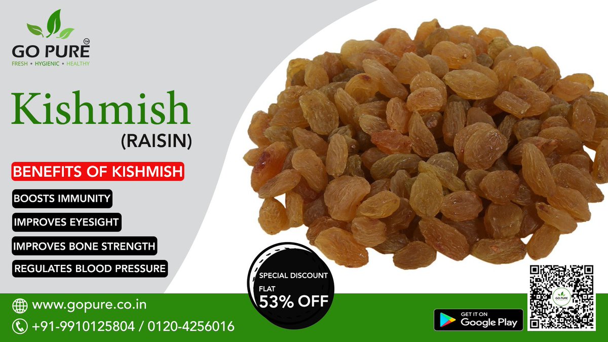 GoPureIndia's tweet photo. Are you health conscious and looking for something enriched with VITAMINS, MINERALS and FIBER!!! Here Go Pure will be back soon with Pure Raisin at FLAT 53% OFF!! 
Read More:  https://t.co/aGBKo2qgFQ
#GoPure #Dryfruits #raisen #kishmish #offer #healthy #vitamins #discount #fiber https://t.co/I0LuQS2ceD