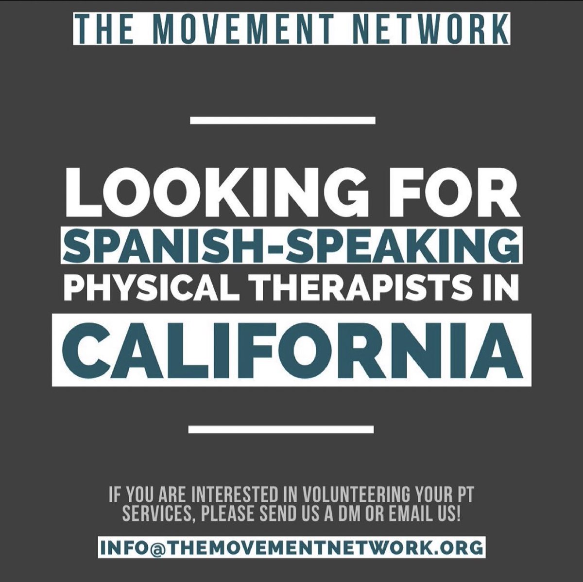 Mvmt_Network's tweet photo. We are currently looking for Spanish-speaking physical therapists in California! Please message us if you are interested in volunteering PT services for those in need. 

#PTtwitter #physicaltherapy #physicaltherapist https://t.co/wuFzkBRUeB