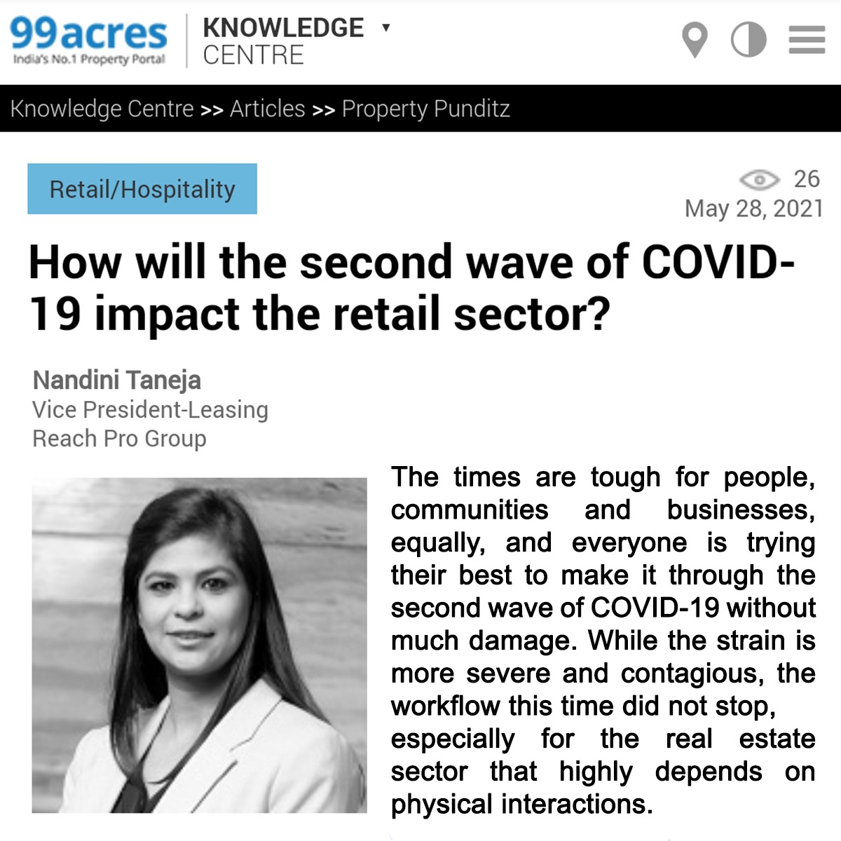 Reachprogroup's tweet photo. Explore the views of Nandini Taneja, Vice President-Leasing, Reach Pro Group, about how second wave of COVID-19 will impact the retail sector.
https://t.co/sJxMQtCKOO
#reachprogroup #reach3roads #gurugram #3Roads #retail #realestate #COVID19 #business #strategy #market https://t.co/nhh3sdxJ8q